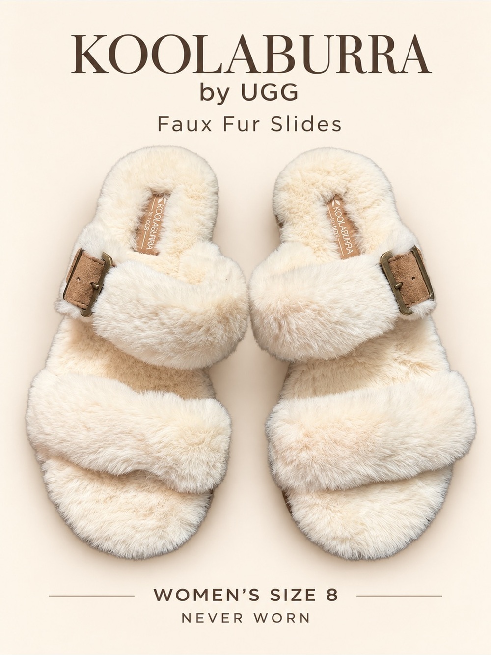 Koolaburra by UGG Faux Fur Buckle Slide Slippers Cream Women’s 8 NWT